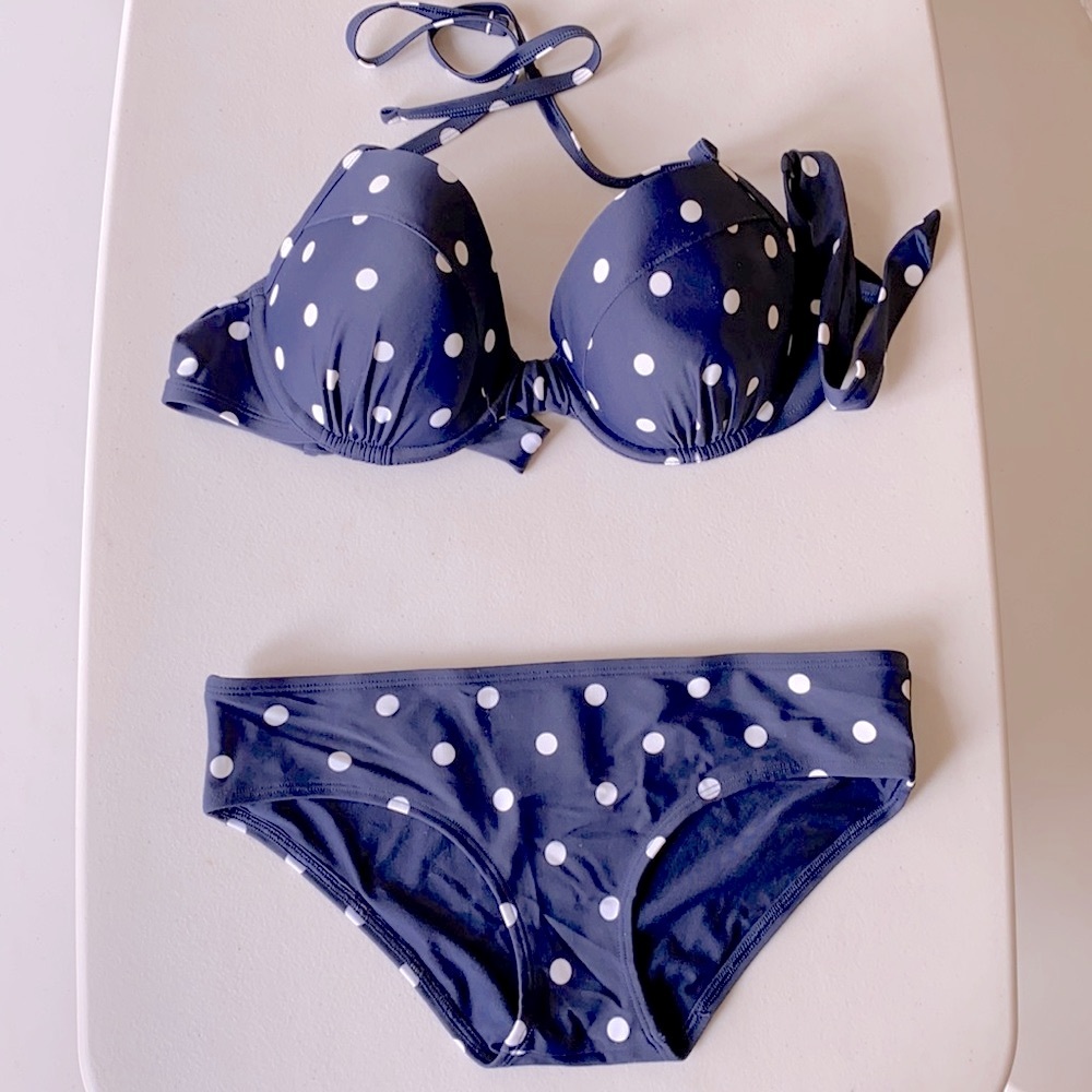 Aerie Swim Suit Navy and White Polka Dot Small